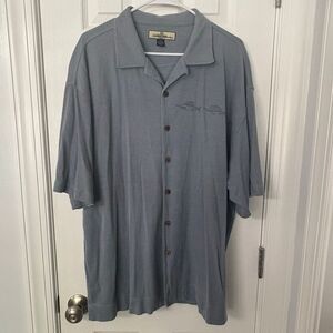 Tommy Bahama Men’s XL Blue Silk Cotton Short Sleeve Button Shirt Embroidered Mar